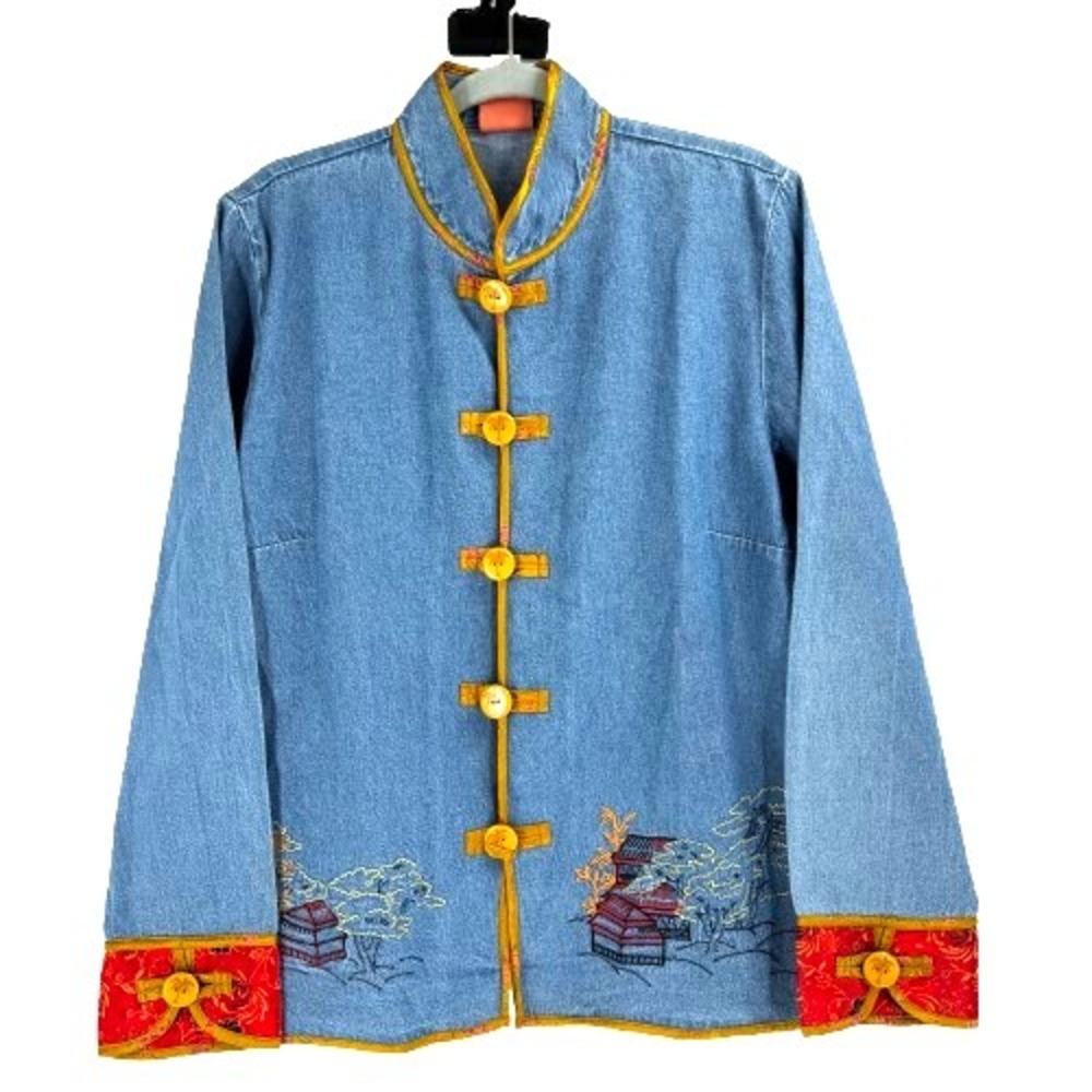 Y2K Hearts of Palm Kimono Jacket Blazer Women's Size 12 Embroidered Oriental 90s